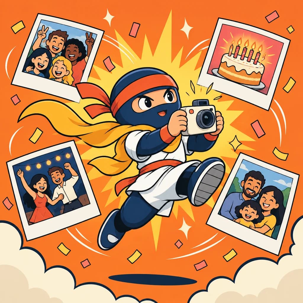 A cheerful camera-wielding ninja surrounded by snapshots of friends, birthday cake, dancing, and family